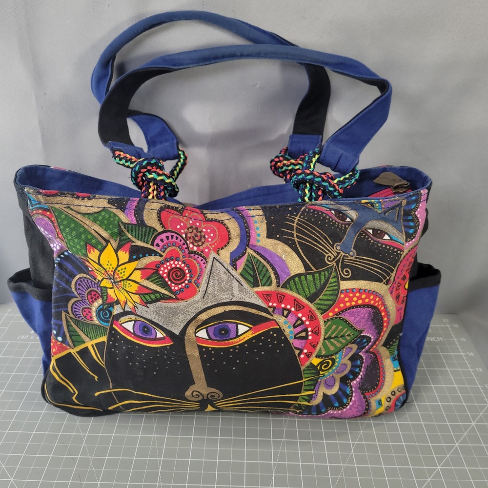 Laurel Burch Cat Tote Bag Womens Medium Blue Multicolor‎ Artistic Canvas Purse
